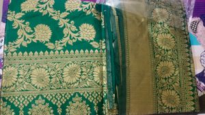 Green &amp; Gold Banarasi Silk Fabric