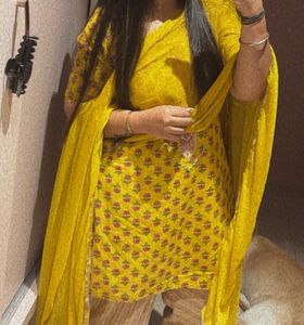 Yellow Floral Print Kurta Set with Dupatta