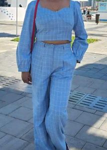 Checked Crop Top With Trouser Set