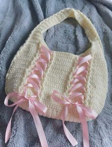 Cream Crochet Corset Bag with Pink Ribbons
