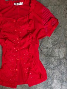 Chic Red Embellished Button-Up Top