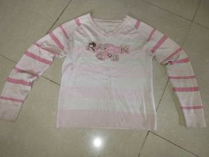 Pink Striped Long Sleeve V-Neck Top