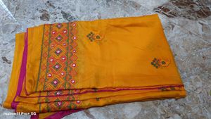 Yellow Embroidered Saree with Mirror Work
