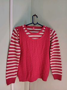 Pink Knit Sweater with White Stripes