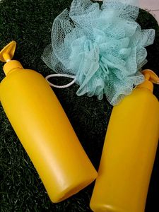 Yellow Pump Bottles & Bath Puff Set