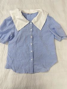 Blue collared Plaid Top