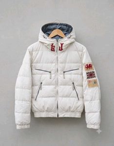Stylish White Puffer Jacket with Patches