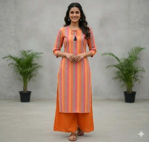 ComboOffer-New StripedOrangeWomen Kurtas-2+Plazzo