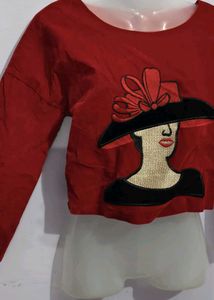 Chic Red Blouse with Elegant Lady Applique