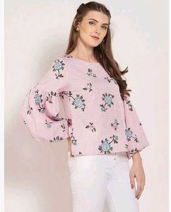 Pink Floral Striped Puff Sleeve Top