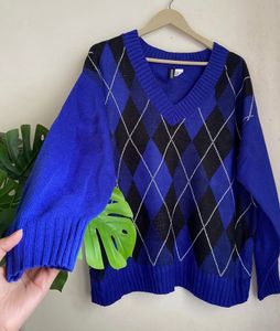 Blue Argyle V-Neck Sweater