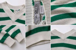 GREEN &amp; CREAM STRIPED V-NECK KNIT SWEATER