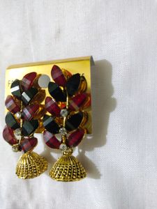 Elegant Red &amp; Black Gemstone Jhumka Earrings
