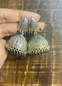 Jhumka Earrings Gold And blue