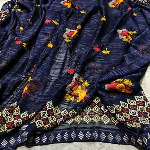Elegant Navy Blue Floral Saree