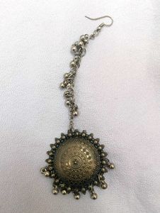 Oxidized Silver Jhumka Earrings &amp; Head Chain