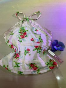 Floral Halter Neck Top with Lace Trim
