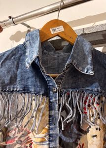 Unique Denim &amp; Print Fringe Shirt