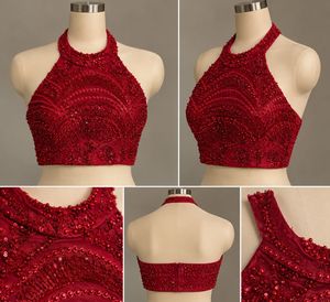 Sparkling Red Beaded Halter Neck Blouse