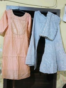 Peach & Grey Kurta Set with Dupatta