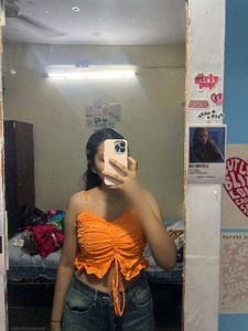 Orange Ruched Tie-Up Crop Top