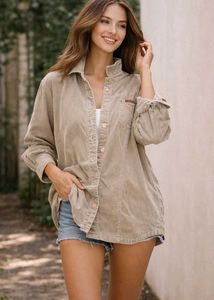 Classic Beige Fitted Corduroy Shirt for Women
