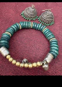 Boho Teal Wood Bracelet &amp; Jhumka Earrings Set