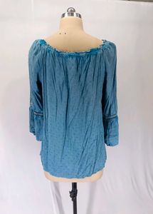 Blue Boho Tassel Tie Neck Blouse