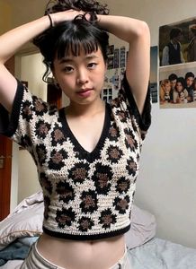 Crochet Leopard Print V-Neck Top