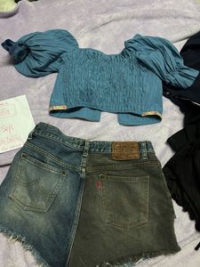 Blue Puff Sleeve Corset Top &amp; Distressed Denim Sho