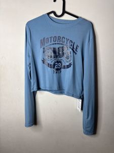 Blue Long Sleeve Cropped T-Shirt