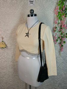 Zara Cream Ribbed Cropped Top