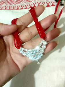 Red Beaded Necklace with American Crystal Pendant