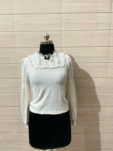 korean Pintresty Cream Textured Puff Sleeve Top