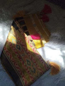 Vibrant Yellow &amp; Pink Ikat Saree