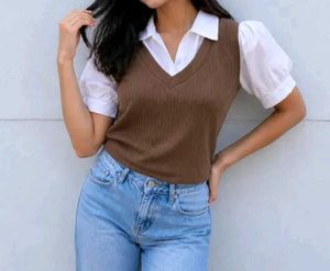 Chic Brown V-Neck Vest Top with White Shirt