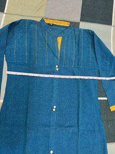 Teal Blue Kurta with Yellow Neckline