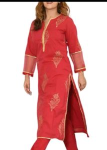 Elegant Red Kurta Set with Golden Print