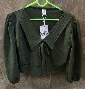 Zara Green Collared Tie-Front Top