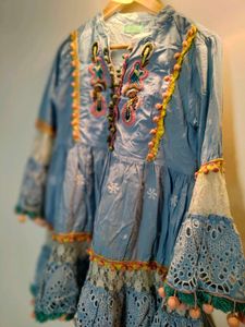 Blue Embroidered Kurta with Tassels
