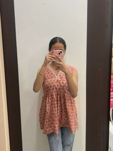Pink Printed Sleeveless Kurta
