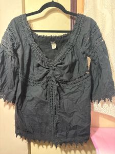 Boho Crochet Black Off-Shoulder Top
