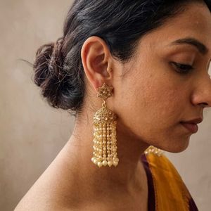 Jhumka Earrings with Long Pearls Drops