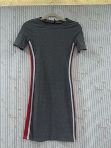 Grey T-shirt Dress with Side Stripes