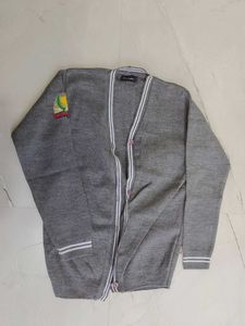Gray Cardigan with Striped Trim school sweater