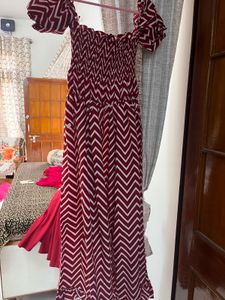 Chic Red &amp; White Chevron Off-Shoulder Gown