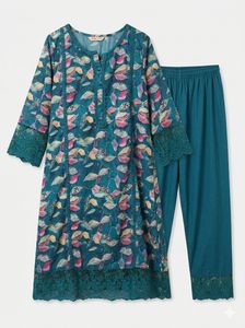 Teal Leaf Print Kurta Set with Lace Trim