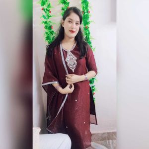 Maroon Kurta Set with Embellished Neckline