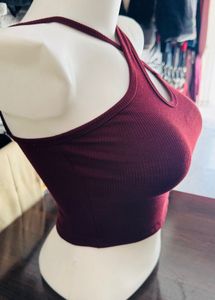 Burgundy Ribbed Halter Crop Top