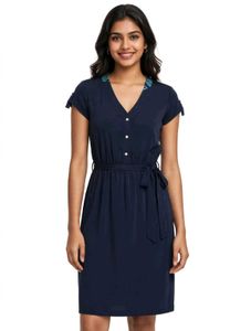 Navy Blue V-Neck Tie-Waist Dress